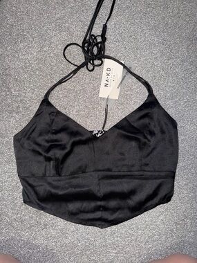 NA-KD Black Satin Halter Crop Top